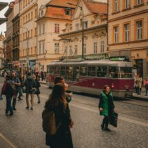 Straßenszene mit alten Häusern und Straßenbahn in Prag