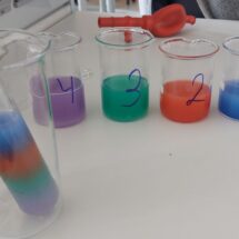 Schülerinnen und Schüler machen Experimente zur Dichtebestimmung von Flüssigkeiten.