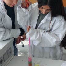 Schülerinnen und Schüler machen Experimente zur Dichtebestimmung von Flüssigkeiten.