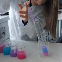 Schülerinnen und Schüler machen Experimente zur Dichtebestimmung von Flüssigkeiten.