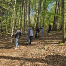 Schülerinnen erleben den Wald mit allen Sinnen z. B. indem sie sich blind an einem gespannten Seil entlang tasten.