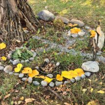 Landart aus bunten Blättern auf der grünen Wiese.
